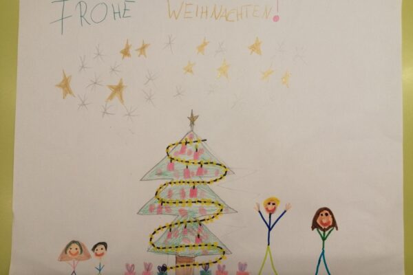 Weihnachtsbild von einer Familie um den Weihnachtsbaum