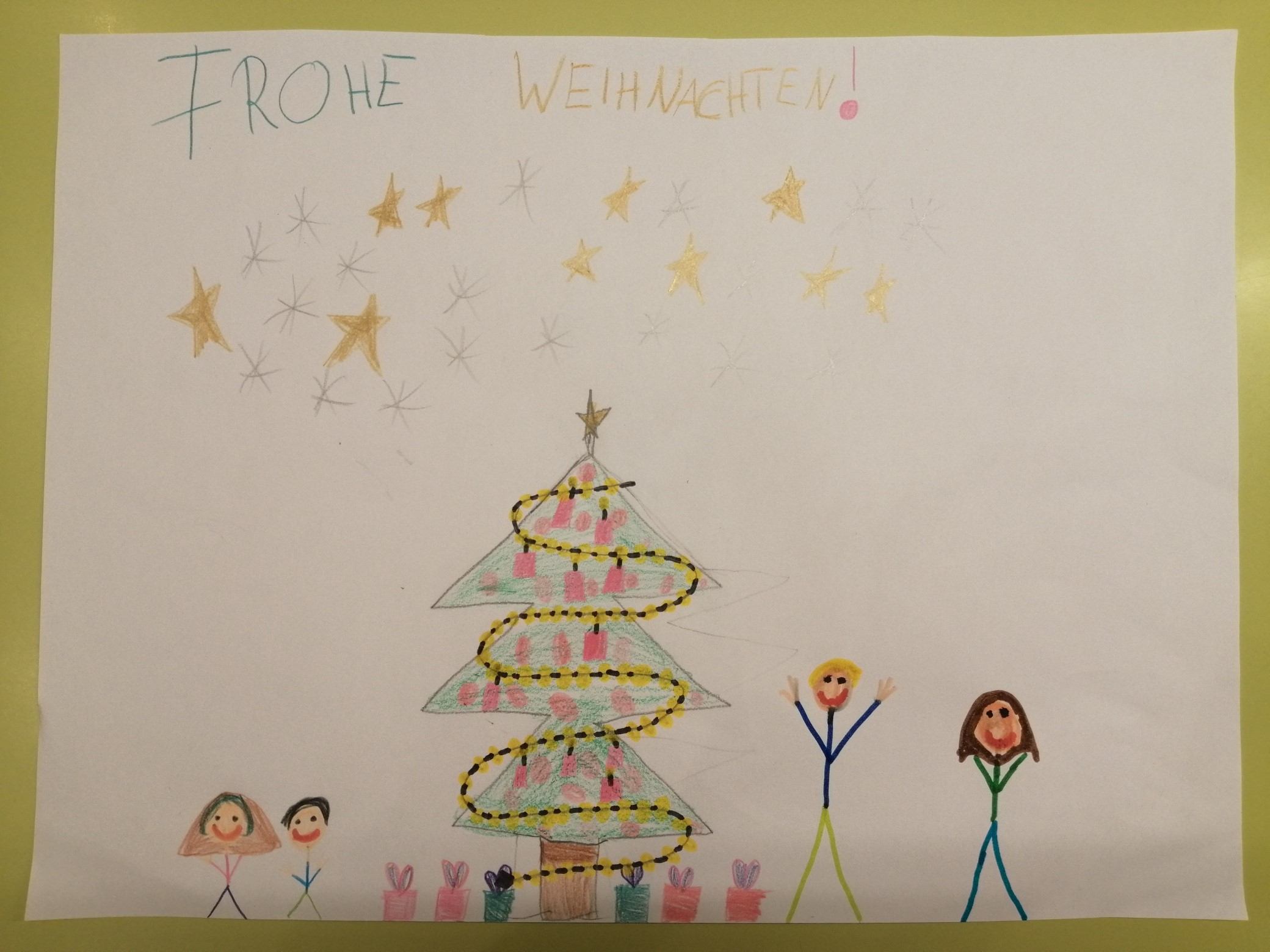 Weihnachtsbild von einer Familie um den Weihnachtsbaum